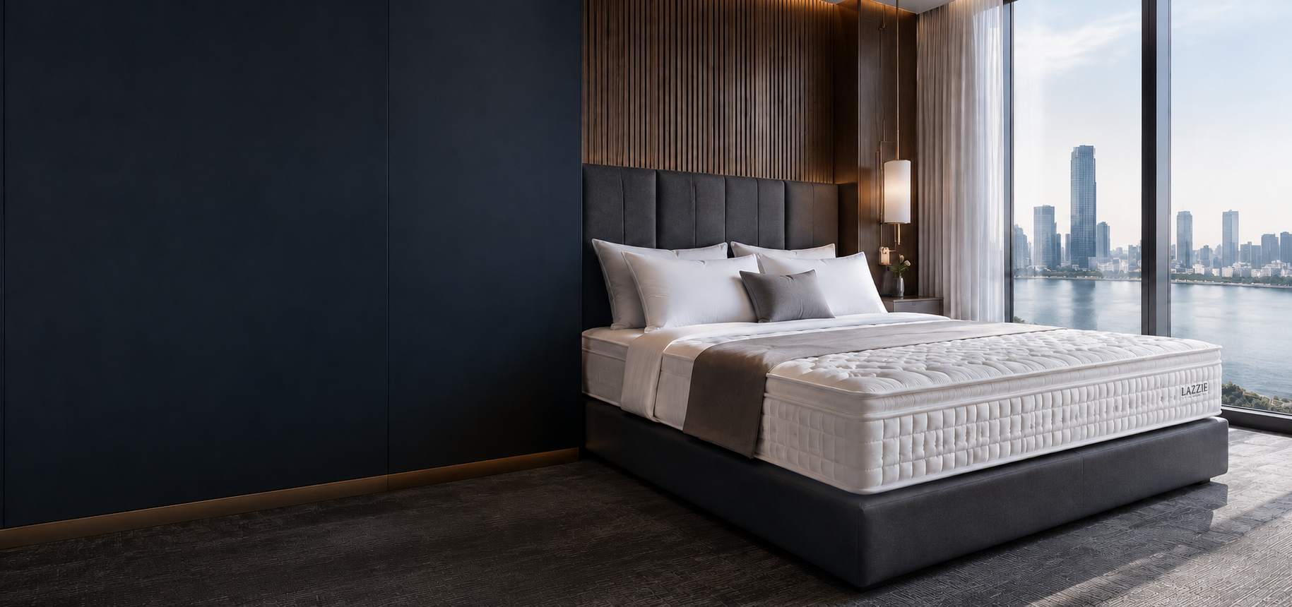 Commercial mattress in a modern city-view room